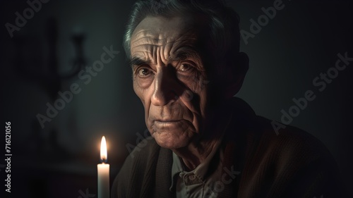 Portrait of an old man with candle in his hand on dark background