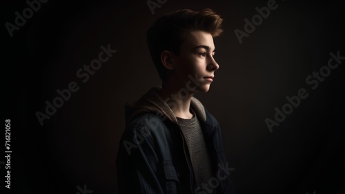 Portrait of a handsome young man in a blue jacket on a dark background