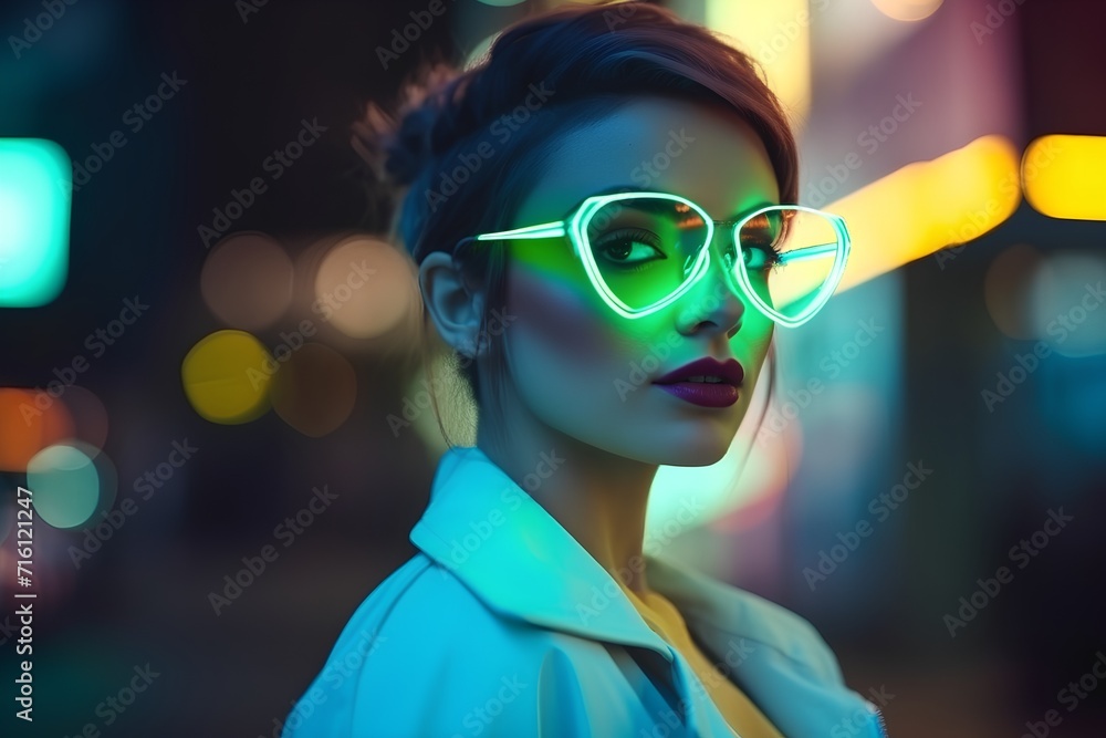 Beautiful young woman with green glasses in the city at night.