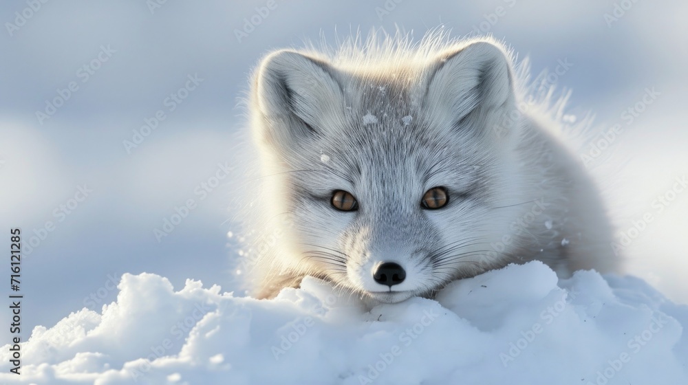 Closeup of a curious Arctic fox kit peeking over a snow bank its bright eyes and ears giving away its mischievous intentions