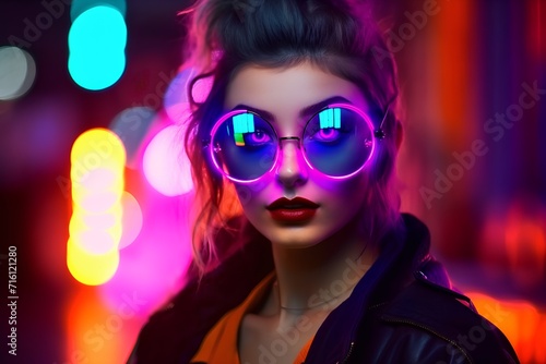 Fashion portrait of a beautiful young woman with bright make-up and stylish sunglasses. © Ai