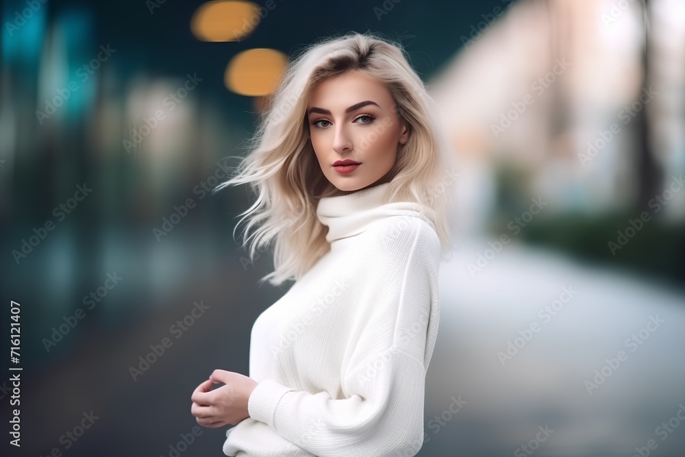 Portrait of a beautiful young blonde woman in a white sweater.