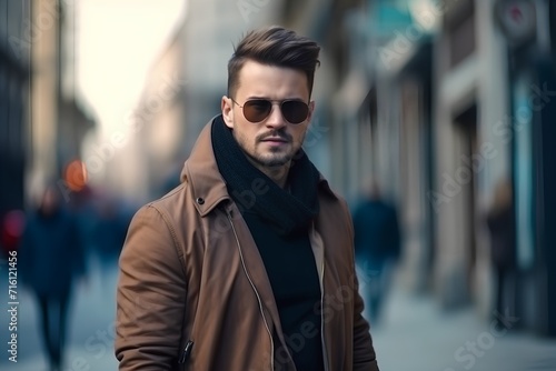 Handsome young man in sunglasses and coat walking in the city