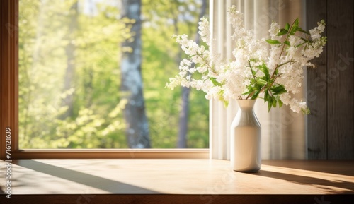 Bright bouquet on window overlooking summer landscape.