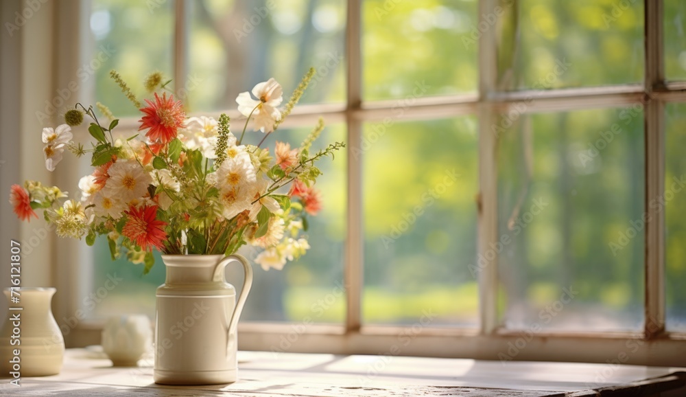 Bright bouquet on window overlooking summer landscape. Bright bouquet on window overlooking summer landscape.