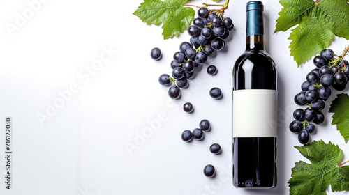 Bottle of red wine with ripe grapes and vine leaves on white background. Copy space,