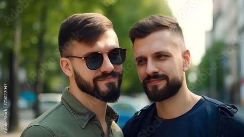 Portrait of two young men in sunglasses on a city street.