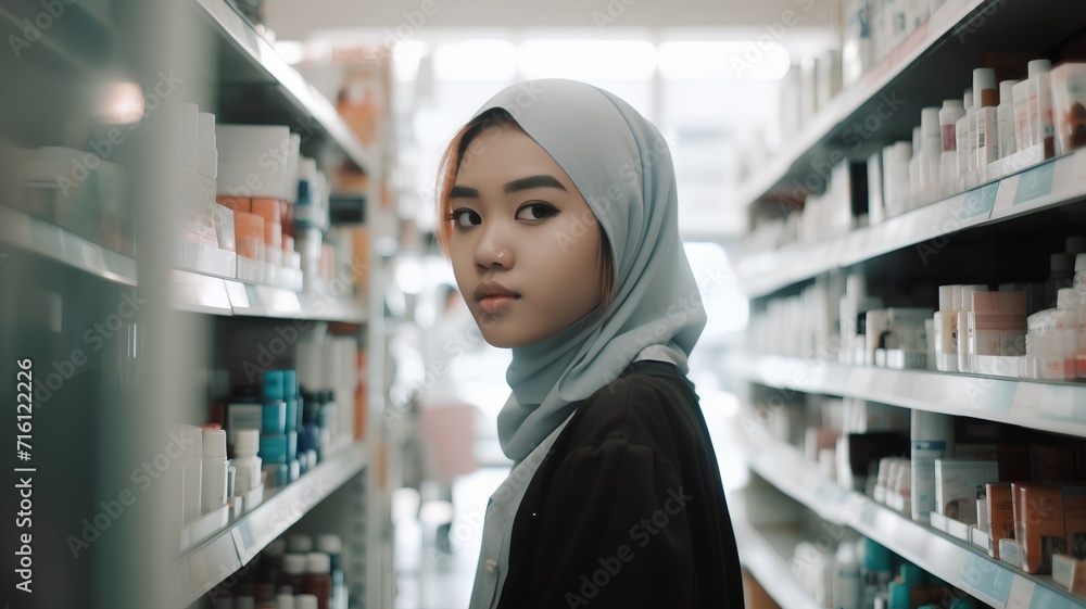 portrait of young muslim asian woman choosing skin care products in the supermarket