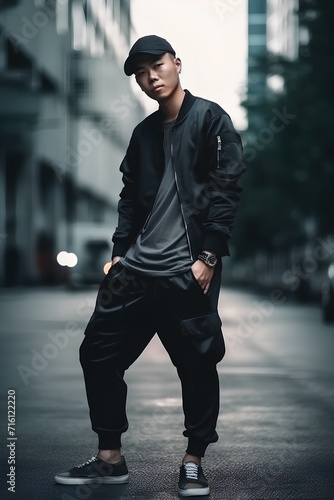 Stylish young man in a black cap and stylish clothes posing on the street photo