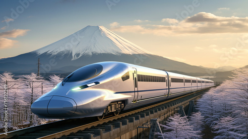 sleek bullet train speeds along with Japan iconic Mount Fuji in the background