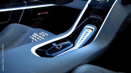 The gear shift of the car displays a sleek and modern white neon light giving off a sleek and sophisticated aesthetic