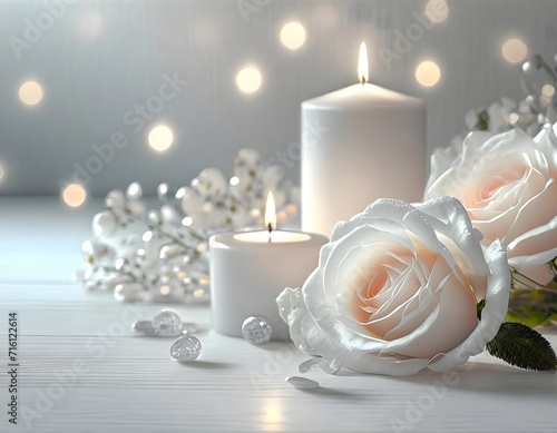 Elegant White Roses and Candlelight for a Relaxing Night a candle and some flowers on a table photo