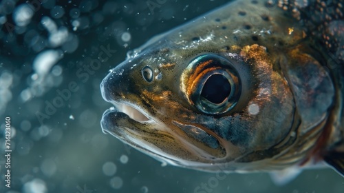 Closeup of the alienlike eyes of an arctic char piercing through the icy depths and seemingly reflecting the iridescent glimmer of the ice above photo