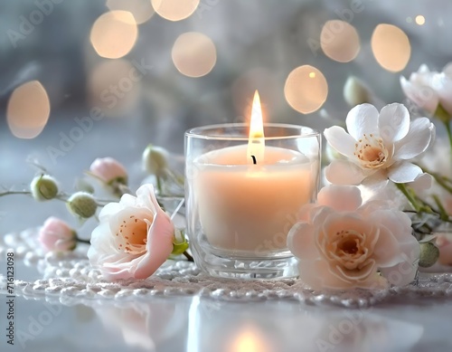 Elegant White Roses and Candlelight for a Relaxing Night a candle and some flowers on a table