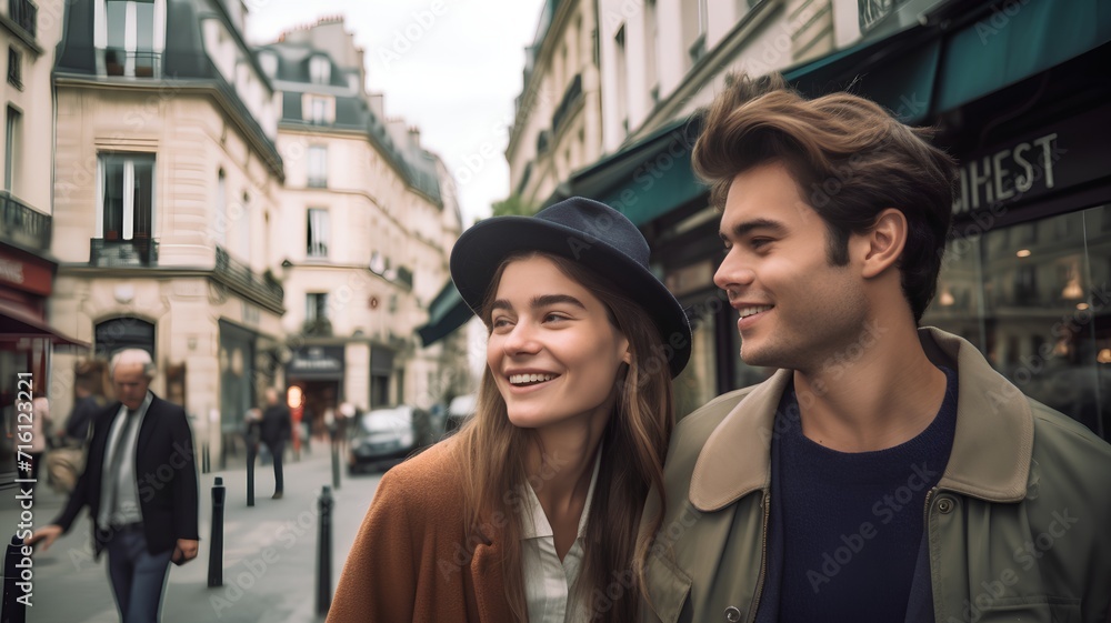 Beautiful young couple is walking in Paris, France and smiling.