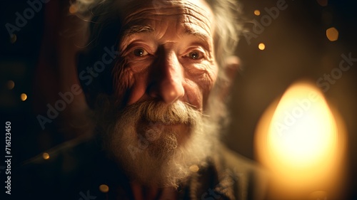 Portrait of an old man with a long white beard and mustache in a dark room. photo