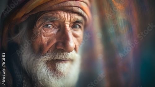 Portrait of an old man with white beard and turban. photo