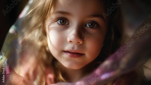 Portrait of a beautiful little girl with long curly hair and blue eyes