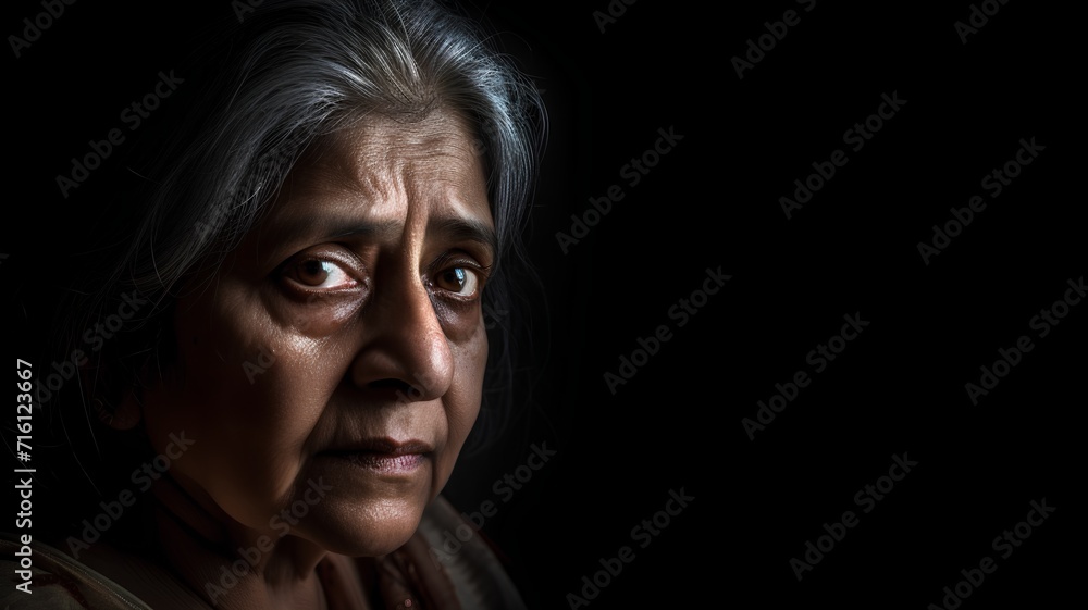 Portrait of an elderly woman on a black background. Selective focus.