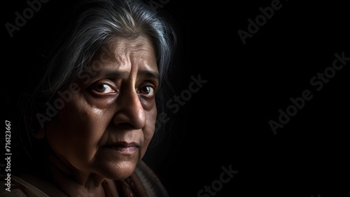 Portrait of an elderly woman on a black background. Selective focus.