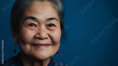 Portrait of a senior asian woman on blue background, closeup