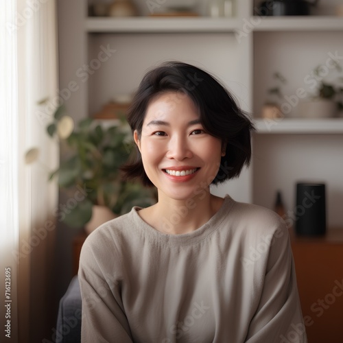 Portrait of smiling Asian woman looking at camera while sitting at home