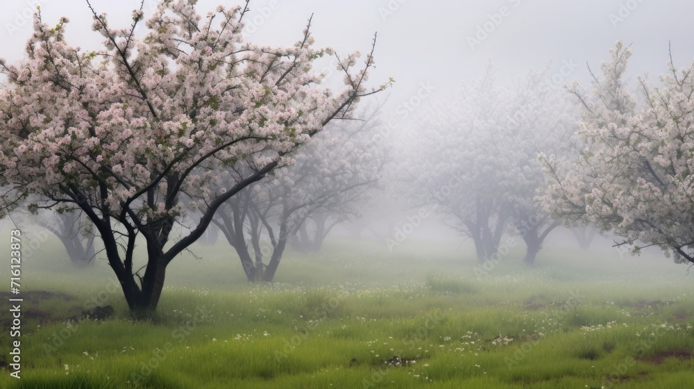 The fog embraces the apple trees, shrouding their colorful blooms in a soft, muted light.
