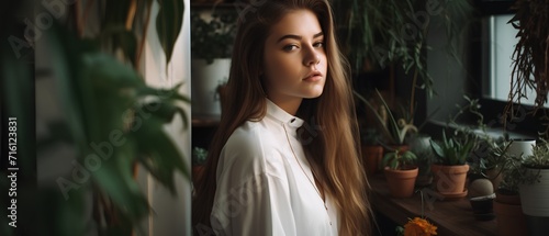 beautiful young woman in white shirt looking at camera in flower shop