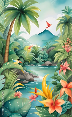 Watercolor tropical summer paradise scene with river, leaves. flowers, and birds. Generative AI © Pixel Paradise