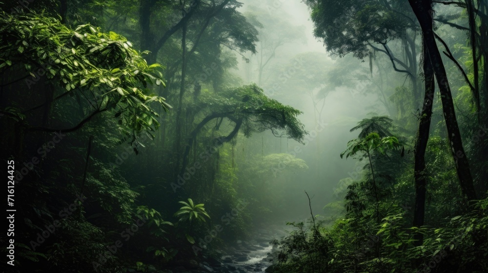 Fototapeta premium The fog thickens as the day goes on, enveloping the rainforest in a cloak of mystery and distance, making it feel both alluring and intimidating at the same time.