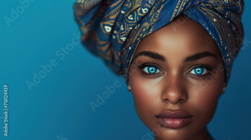 Portrait of a person a beautiful black skin woman with blue eyes wearing african turban on dark background with copy space for text