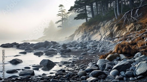 The smoky mist whispers over the shoreline, adding a touch of eeriness to the picturesque coastal landscape.