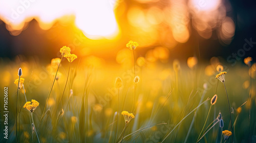 oft focus sunset field landscape of yellow flowers and grass meadow warm golden hour sunset sunrise time.