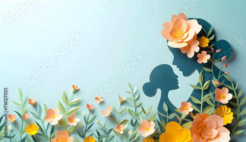 A beautiful happy woman with baby celebrate mother's day with copy space, papercut mother and kid photo