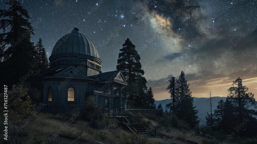 Obraz premium An abandoned observatory, its telescope trained towards the vast expanse of the night sky, abandoned by its human inhabitants but still full of wonder and mystery.