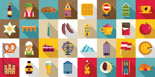 Vienna icons set flat vector. Austria architecture. City history opera