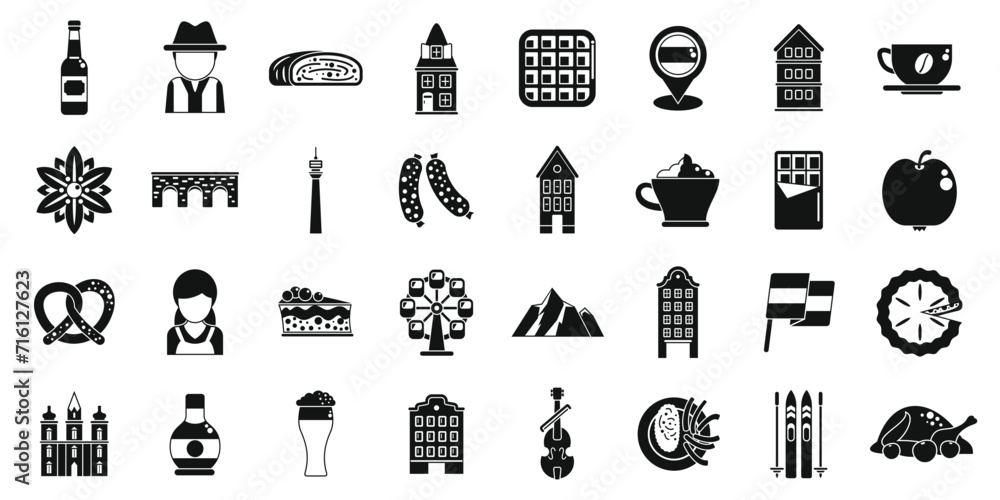 Vienna icons set simple vector. Austria architecture. City history opera