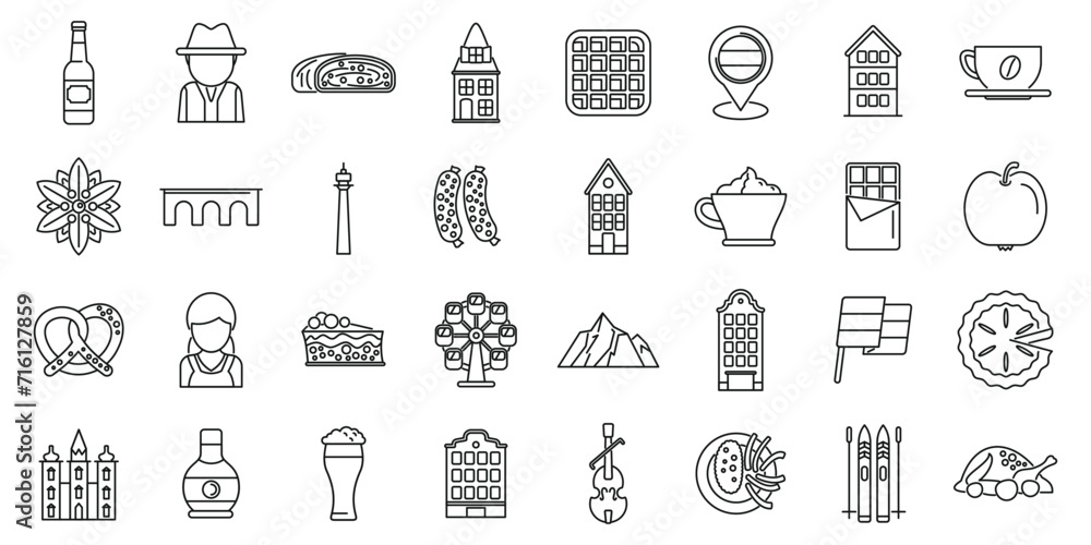 Vienna icons set outline vector. Austria architecture. City history opera - obrazy, fototapety, plakaty 