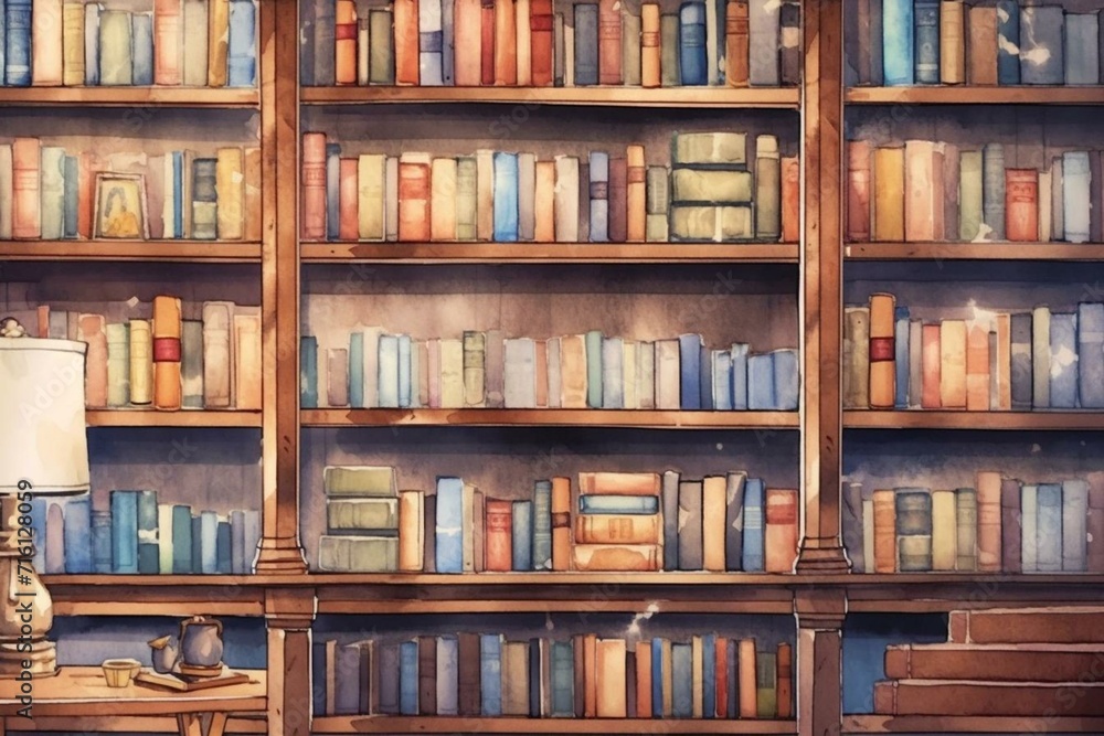 Classic bookshelf watercolor animation background. Generative AI Classic bookshelf watercolor animation background. Generative AI
