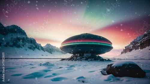 UFO, Alien Station, Winter, Snow, Landscape Scenery, Nature Ambience, Outdoor, Snowfall, Snow Falling, Loop Video 4K Background

