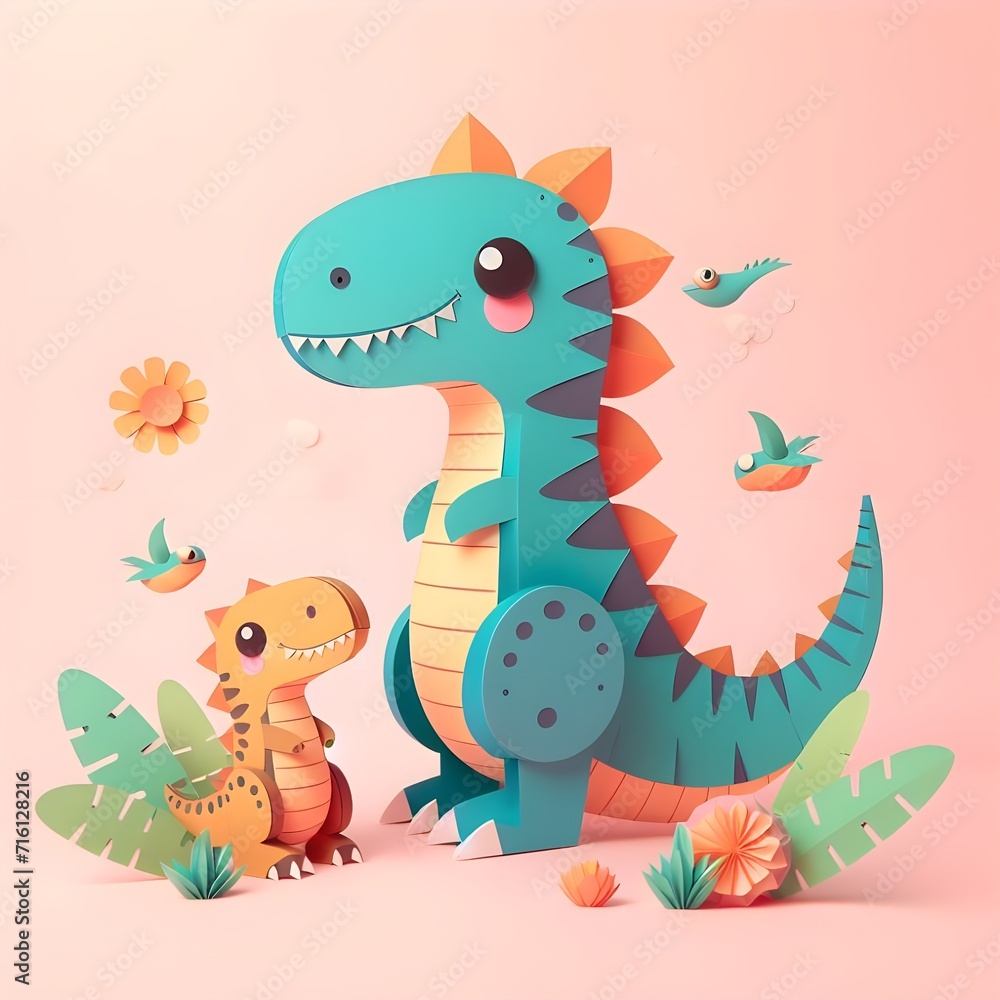 Naklejka premium The cute and lovely dinos paper art, craft, surrealism, 3D digital art, simple background. Generative AI.