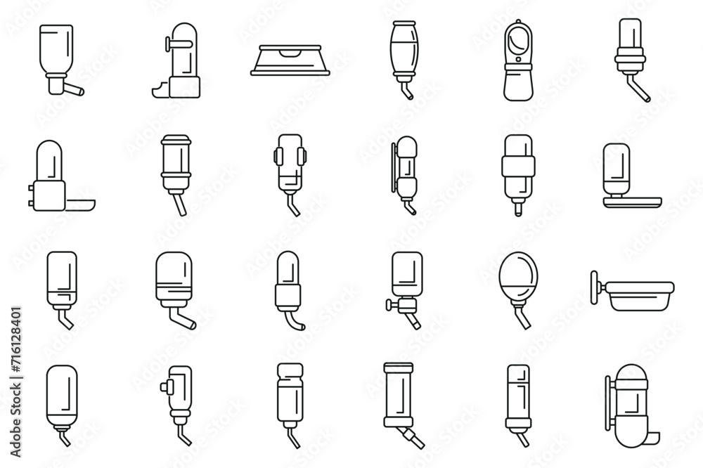 Drinker for dogs icons set outline vector. Food home water. Crate travel Drinker for dogs icons set outline vector. Food home water. Crate travel