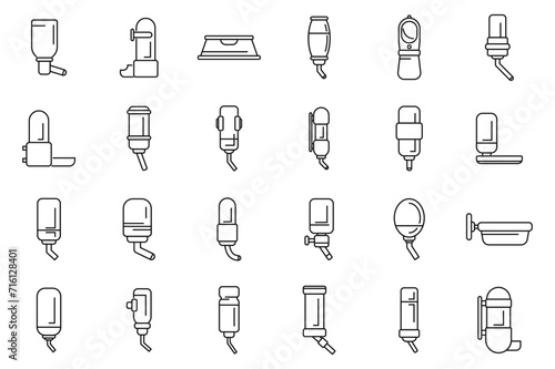 Drinker for dogs icons set outline vector. Food home water. Crate travel photo