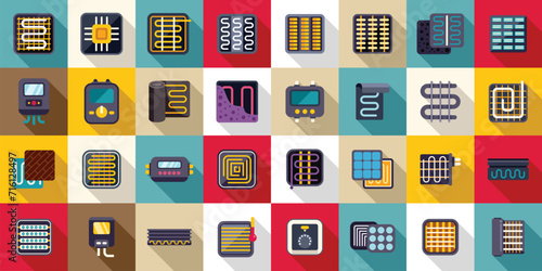 Warm floor icons set flat vector. Thermal heat. Tile layer climate control