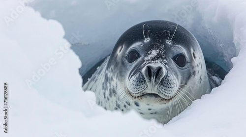 Closeup of a Weddell seals large dark eyes peeking curiously above the edge of an ice hole its nose and whiskers covered in snow photo