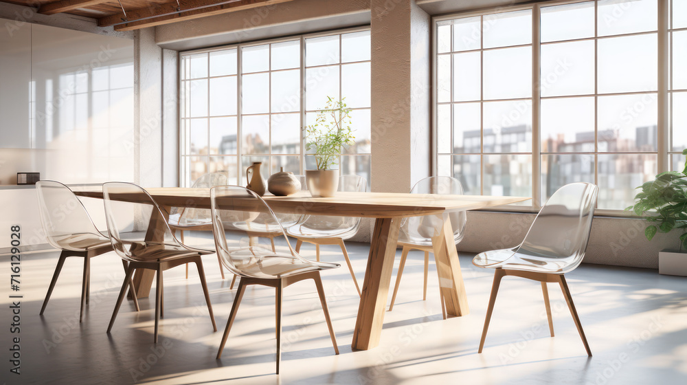 A Minimalist interior design of a modern Dining table and chairs in a clear loft with wooden beams in the dining room, a room with morning sunlight streaming through the window. A Minimalist interior design of a modern Dining table and chairs in a clear loft with wooden beams in the dining room, a room with morning sunlight streaming through the window.