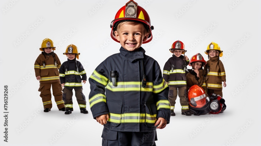 A Happy boy wearing firefighter uniform, little firefighter and fire extinguishing equipment, firefighter career adventure concept. on empty space on a white isolated transparent background. A Happy boy wearing firefighter uniform, little firefighter and fire extinguishing equipment, firefighter career adventure concept. on empty space on a white isolated transparent background.