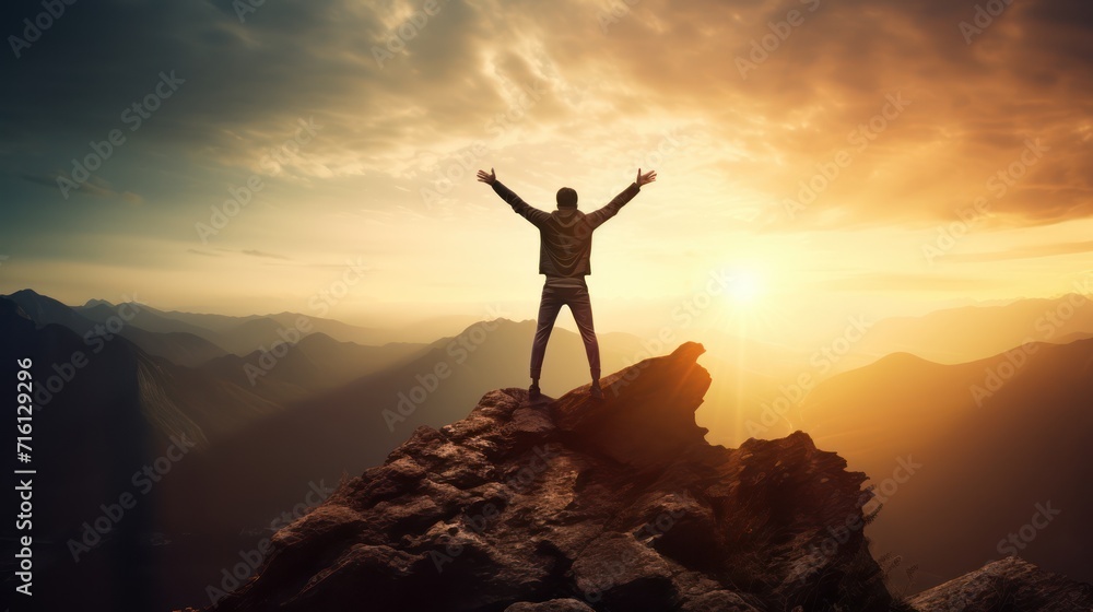 Happy man raising his arms jumping to the top of the mountain, successful businessman celebrating success on the cliff, business success concept silhouette backlit.