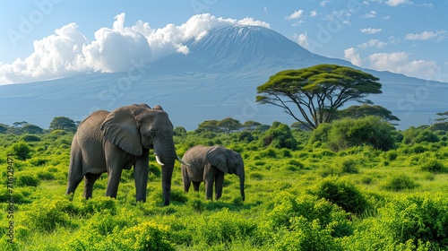 Elephant and calf in the savannah, background of mount kilimanjaro photo