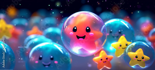 Whimsical Inflatable World: Cute Translucent Blow-Up Flower Stars and Bubbles in a Minimal Rubber Toy Setting pink star with cute eyes cute faced star pink bubbly star
